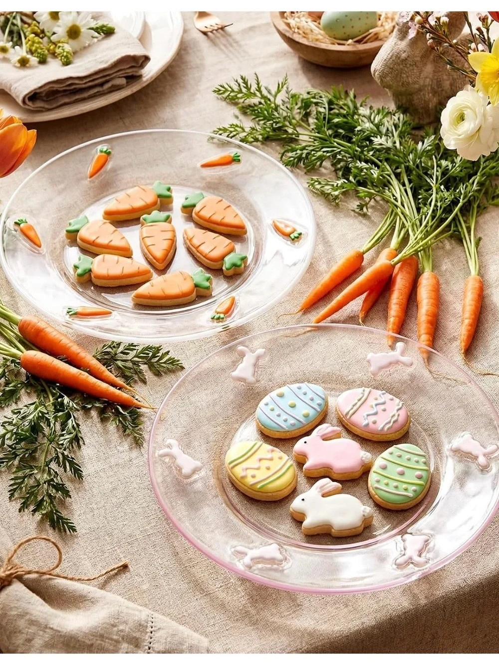 Set of 2 Easter Glass Serving Plates - Carrot and Bunny Designs.